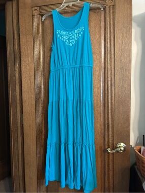 Sleeveless Teal Tiered Maxi Dress with Embroidered Yoke